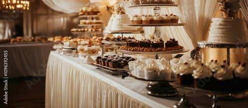 Elegant buffet spread featuring a variety of cakes desserts and snacks beautifully arranged for a catering event. photo