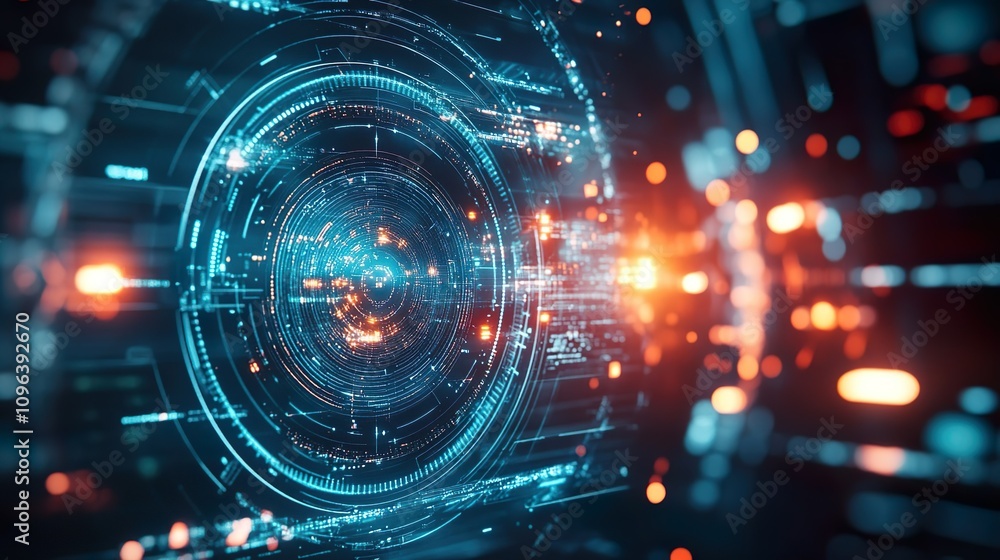 Fototapeta premium Futuristic HUD displaying a 3D object with a high-tech holographic interface of glowing fractal particles, representing nanotechnology radar software