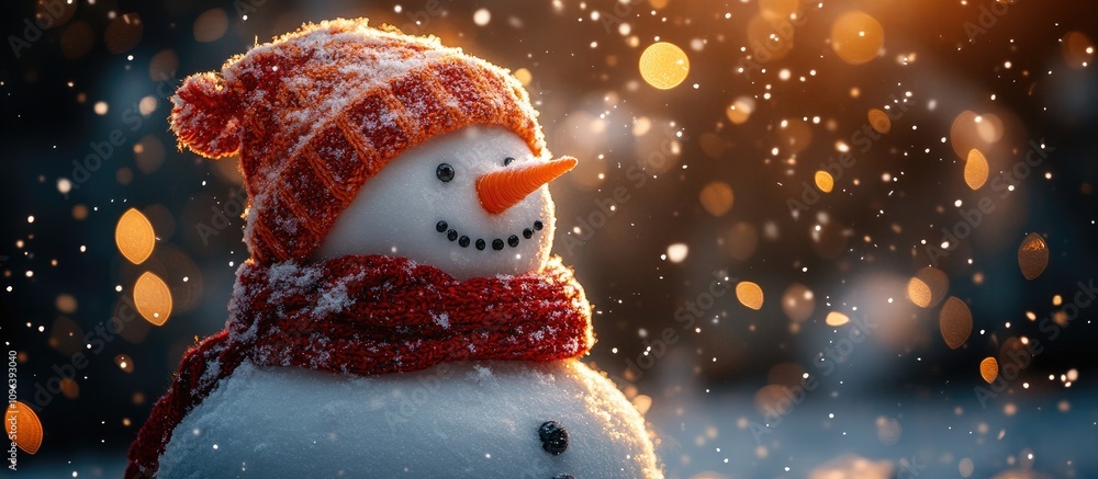 Obraz premium Snowman adorned with a knitted hat and scarf surrounded by softly glowing lights in a winter wonderland setting