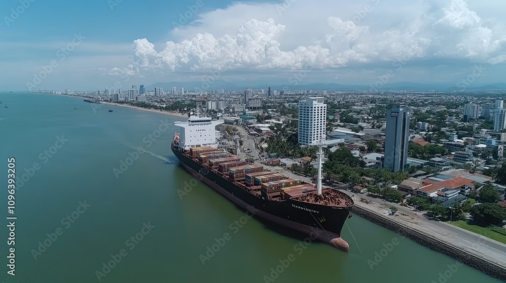 An aerial view captures a container ship laden with cargo navigating the open sea, showcasing the scale of international commerce An aerial view captures a container ship laden with cargo navigating the open sea, showcasing the scale of international commerce