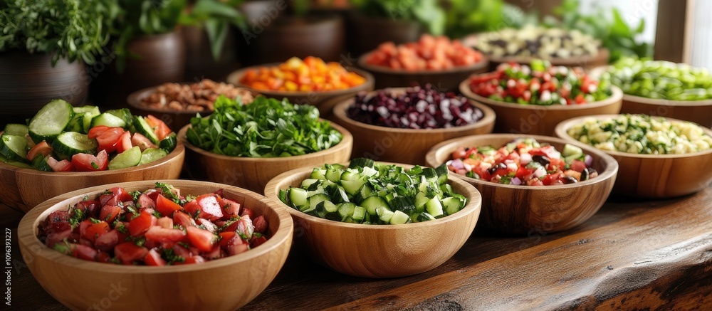 Fresh assorted salads displayed in wooden bowls at a vibrant buffet showcasing colorful ingredients and healthy options for diners. Fresh assorted salads displayed in wooden bowls at a vibrant buffet showcasing colorful ingredients and healthy options for diners.