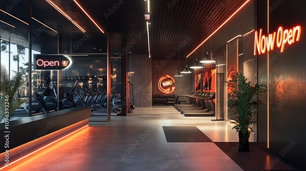 Modern Fitness Studio Interior with Neon Lighting and Open Signage Featuring Cardio Equipment in a Welcoming Atmosphere for Active Lifestyle Enthusiasts Modern Fitness Studio Interior with Neon Lighting and Open Signage Featuring Cardio Equipment in a Welcoming Atmosphere for Active Lifestyle Enthusiasts