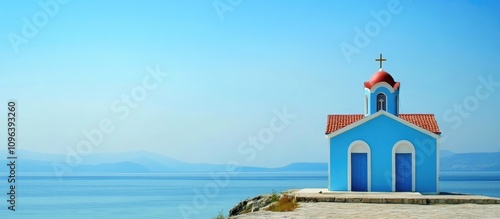 Byzantine style church by the Aegean Sea showcasing traditional architecture and serene coastal landscape under clear blue skies. photo