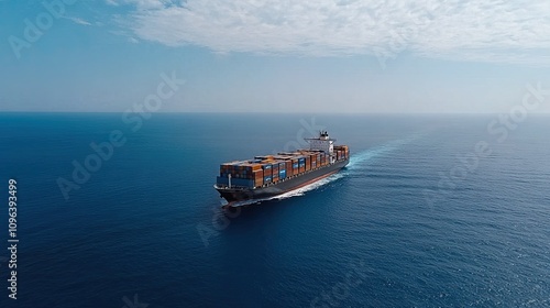 An aerial view captures a container ship laden with cargo navigating the open sea, showcasing the scale of international commerce