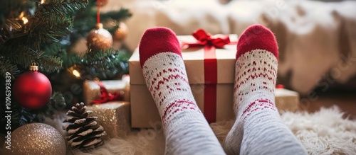 Cozy holiday scene with a woman in festive socks relaxing near a beautifully decorated Christmas tree and gift boxes awaiting unwrapping photo