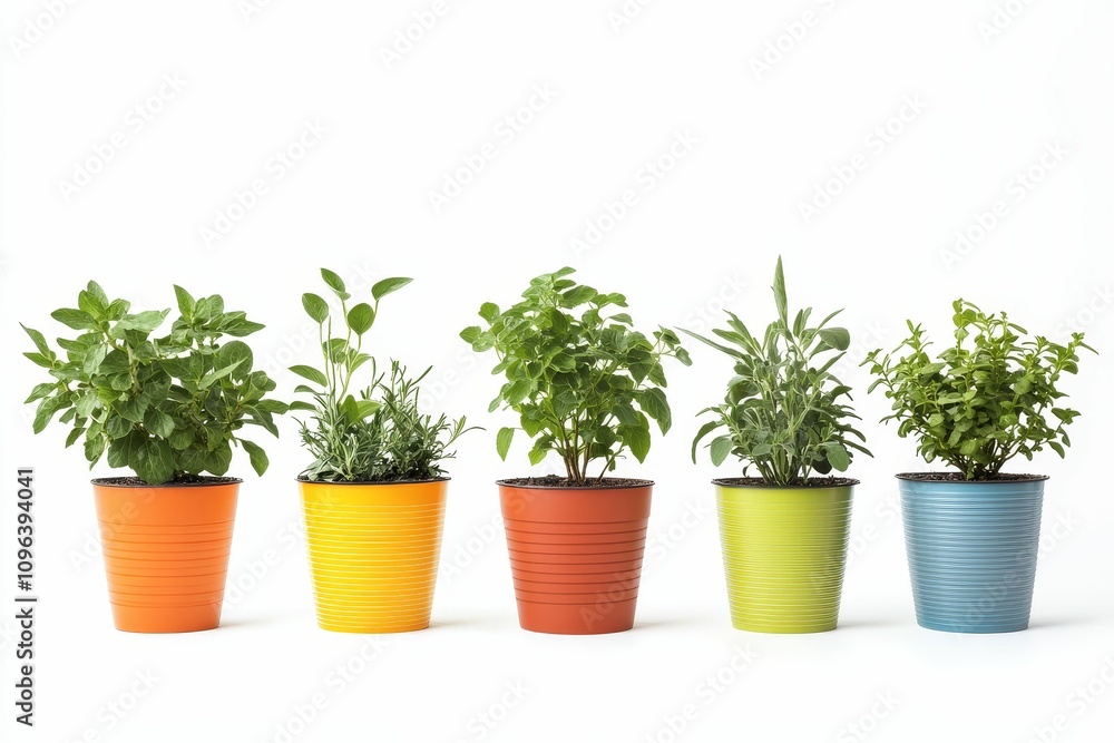 Five herbs in colorful pots, white background. Five herbs in colorful pots, white background.