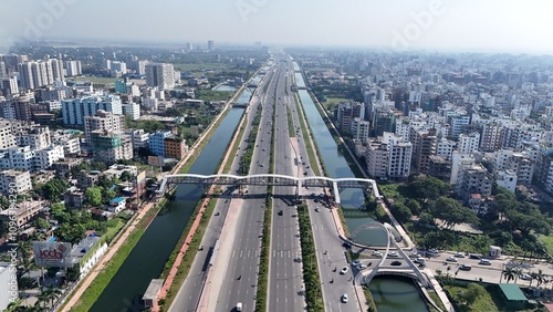 Dhaka 300 feet Kuril skyline aerial drone view from above, lake Michigan and city of Bangladesh Capital downtown skyscrapers cityscape bird's view from the city, Beautiful aerial drone city photograph
