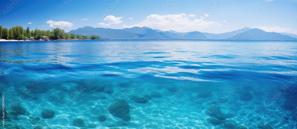 Fototapeta premium Crystal clear blue waters reflecting sunlight on a serene island with distant mountains under a clear blue sky