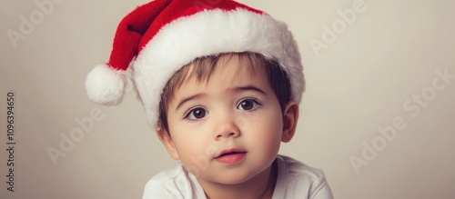 Young boy wearing a festive Santa hat with an innocent expression on his face, perfect for holiday-themed projects and advertisements.