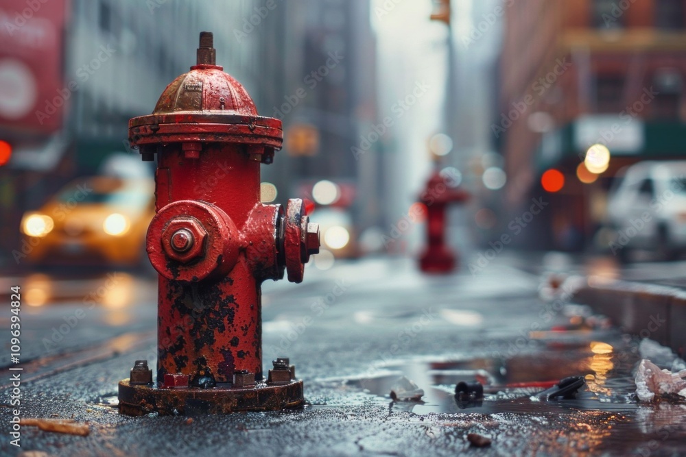 A fire hydrant on the street with bokeh and blurred city in background. Neural network ai generated art A fire hydrant on the street with bokeh and blurred city in background. Neural network ai generated art