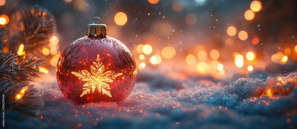 Festive Christmas bauble adorned with a snowflake amidst glowing lights creating a warm and magical holiday atmosphere Festive Christmas bauble adorned with a snowflake amidst glowing lights creating a warm and magical holiday atmosphere