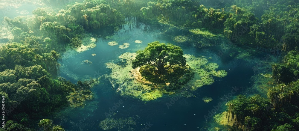 Fototapeta premium Aerial view of Amuntai showcasing lush swamplands and serene water surrounded by vibrant greenery and an island tree centerpiece