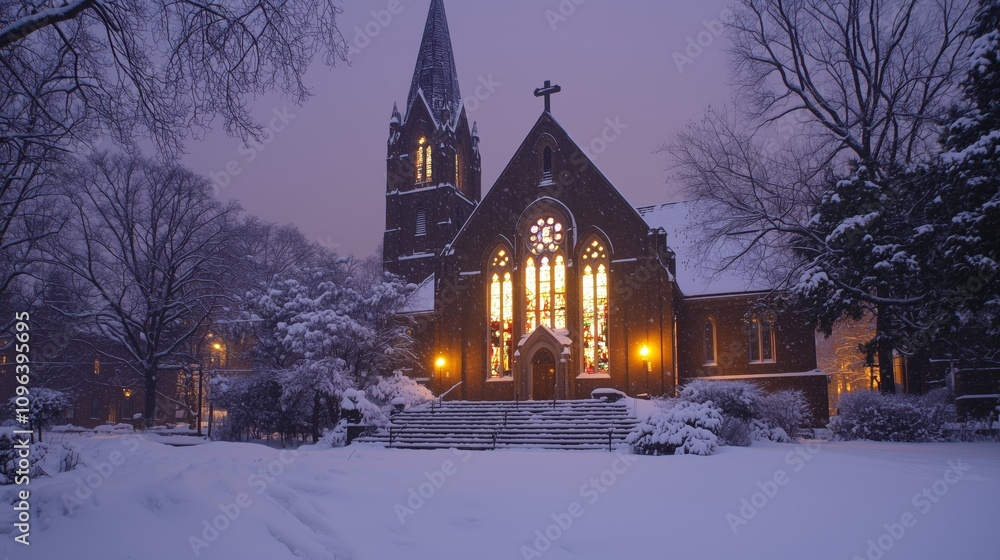 Fototapeta premium Magical Church Night Sky Stained Glass Snow Covered Steps