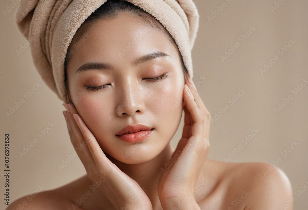 Close-up portrait East Asian woman spa treatment beige towel wrapped around head eyes closed serene expression glowing skin moisture face soft lighting natural makeup coral lipstick hand gently touchi Close-up portrait East Asian woman spa treatment beige towel wrapped around head eyes closed serene expression glowing skin moisture face soft lighting natural makeup coral lipstick hand gently touchi