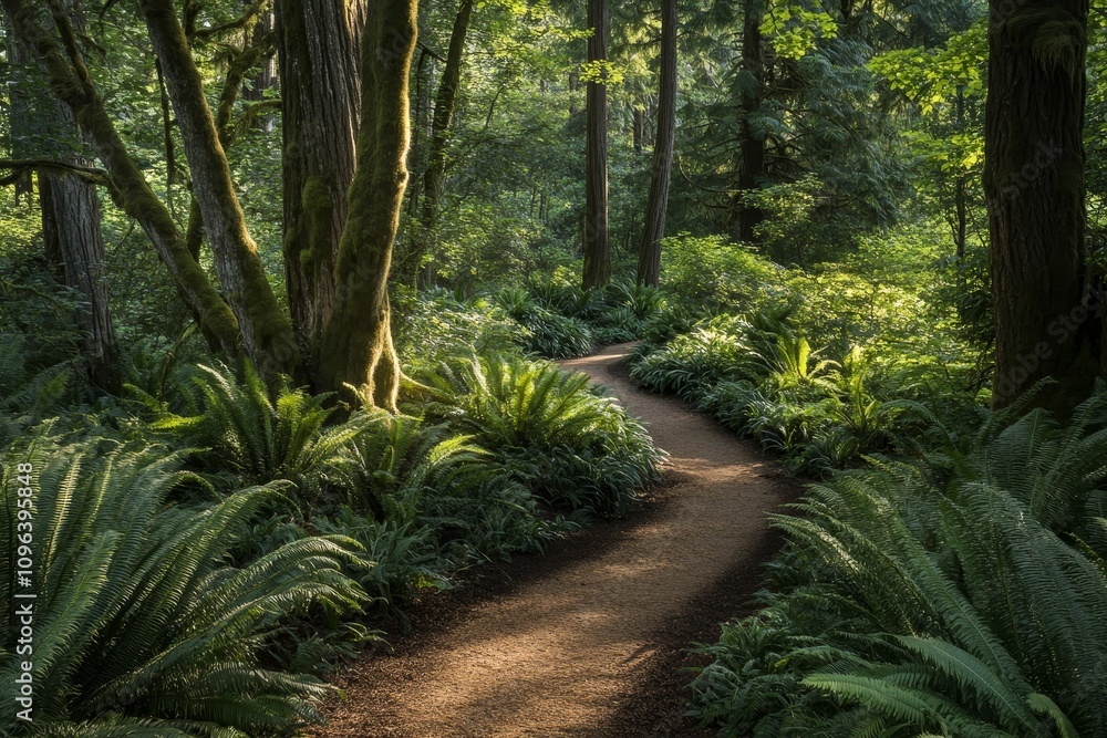 Forest path, lush ferns, sunlight dappled. Forest path, lush ferns, sunlight dappled.