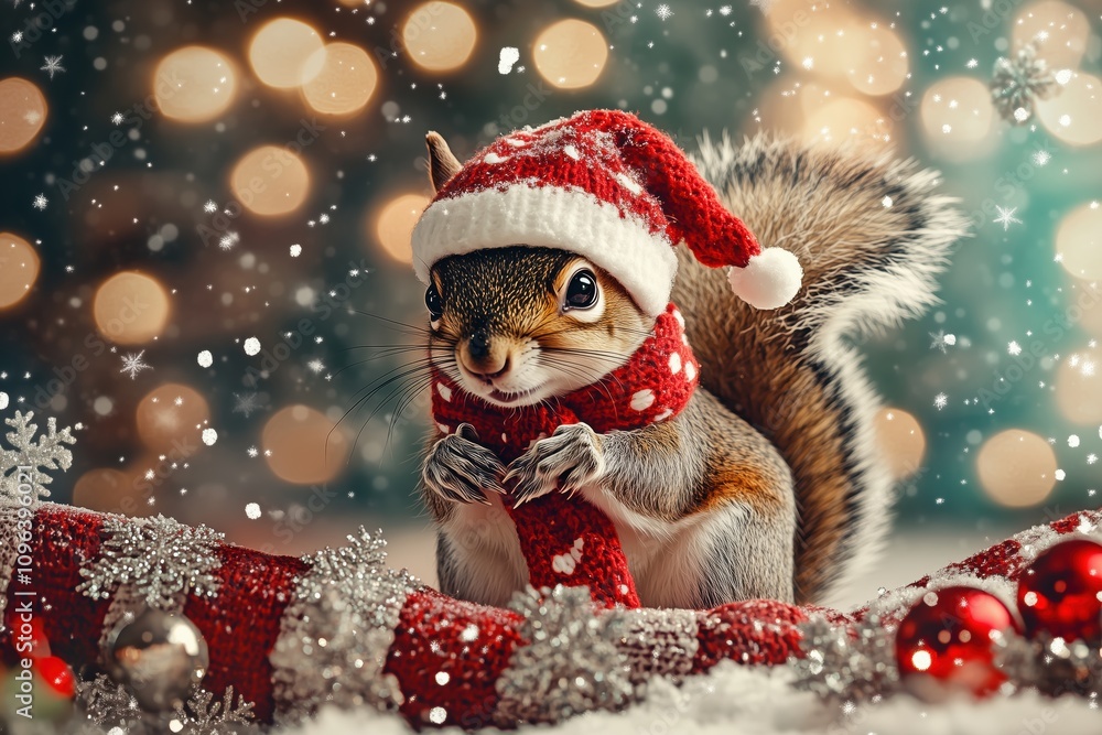 Festive squirrel in a Christmas scene Festive squirrel in a Christmas scene