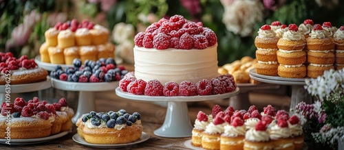 Elegant display of assorted cakes and pastries beautifully decorated with fresh berries and floral backdrop for catering events