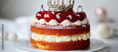 Regal cake adorned with a silver crown and candied cherries beautifully crafted for special celebrations photo