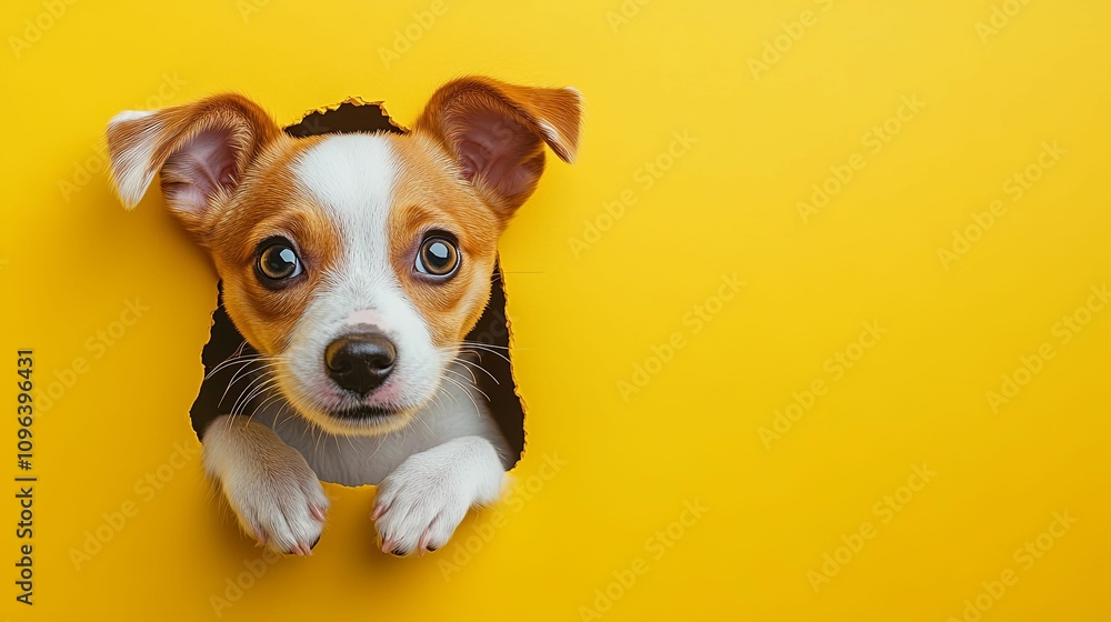 Adorable Puppy Peeking Through Yellow Paper Hole Adorable Puppy Peeking Through Yellow Paper Hole