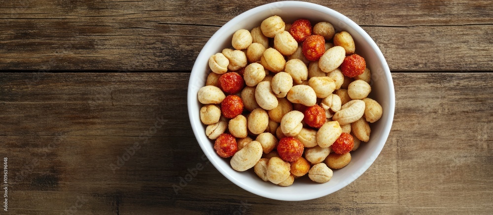 Crunchy spicy nut mix with coated peanuts served in a white bowl on rustic wooden surface ideal for snack advertisements and food blogs Crunchy spicy nut mix with coated peanuts served in a white bowl on rustic wooden surface ideal for snack advertisements and food blogs