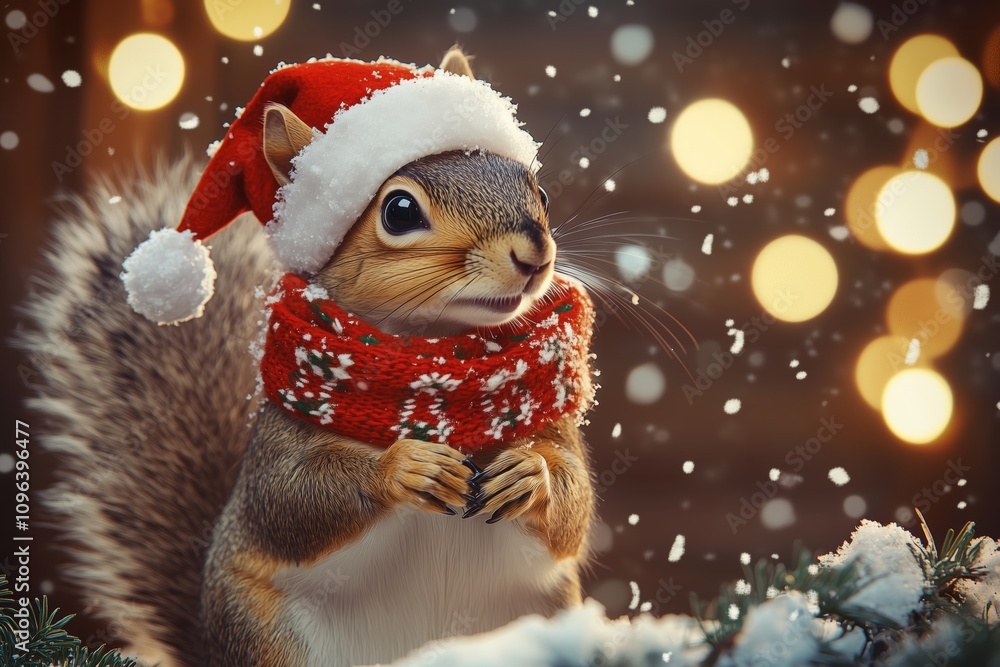 Cute squirrel with Christmas hat and scarf Cute squirrel with Christmas hat and scarf
