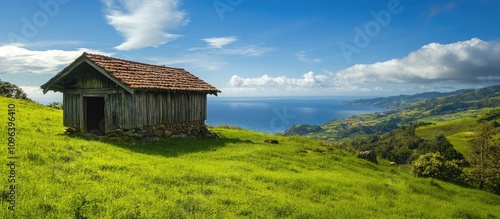 Asturian horreo in a vibrant green field with stunning sea views under a bright blue sky on a sunny day photo