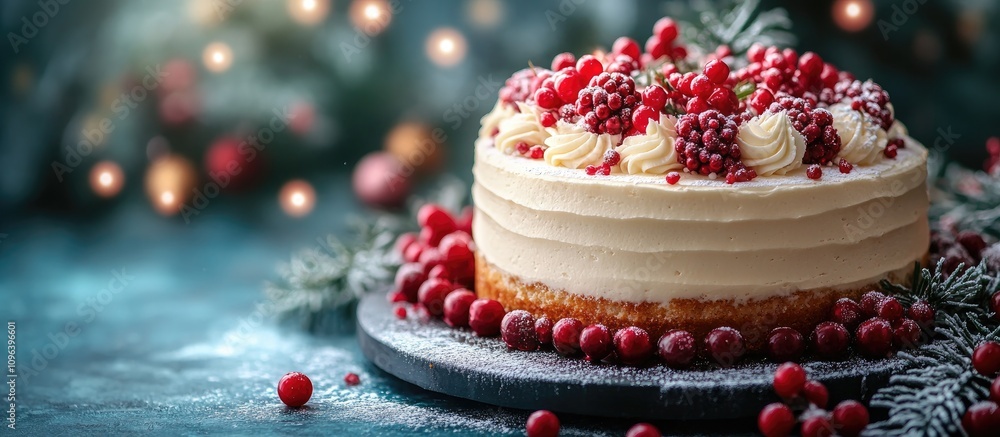 Festive Christmas cake adorned with berries and frosting set against a wintry backdrop with holiday lights and decorations Festive Christmas cake adorned with berries and frosting set against a wintry backdrop with holiday lights and decorations