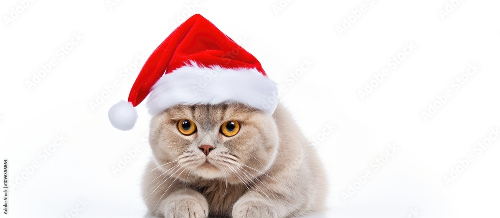 Christmas Cat in Santa Hat Festive Holiday Greeting Card with Blank Space for Text Adorable Feline Against White Background Christmas Cat in Santa Hat Festive Holiday Greeting Card with Blank Space for Text Adorable Feline Against White Background