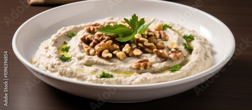 Baba ghanoush with walnuts served in a white bowl garnished with parsley and olive oil on a wooden table photo