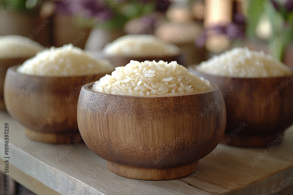 A close-up of uncooked white rice in a rustic wooden bowl, perfect for culinary and healthy lifestyle websites. A close-up of uncooked white rice in a rustic wooden bowl, perfect for culinary and healthy lifestyle websites.