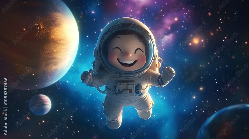 Joyful astronaut child floats in space, planets visible. Joyful astronaut child floats in space, planets visible.