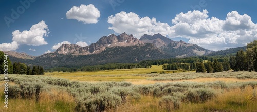 Stunning landscape featuring majestic mountain peaks and green meadows ideal for nature hiking and outdoor adventure photography