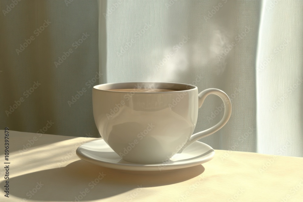 Fototapeta premium A steaming cup of coffee rests on a saucer, illuminated by soft morning light filtering through a curtain