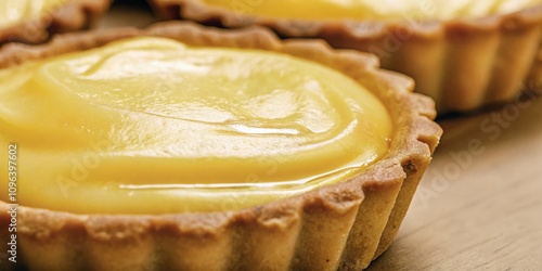 Lemon Tart with Smooth Custard Filling on a Wooden Cutting Board