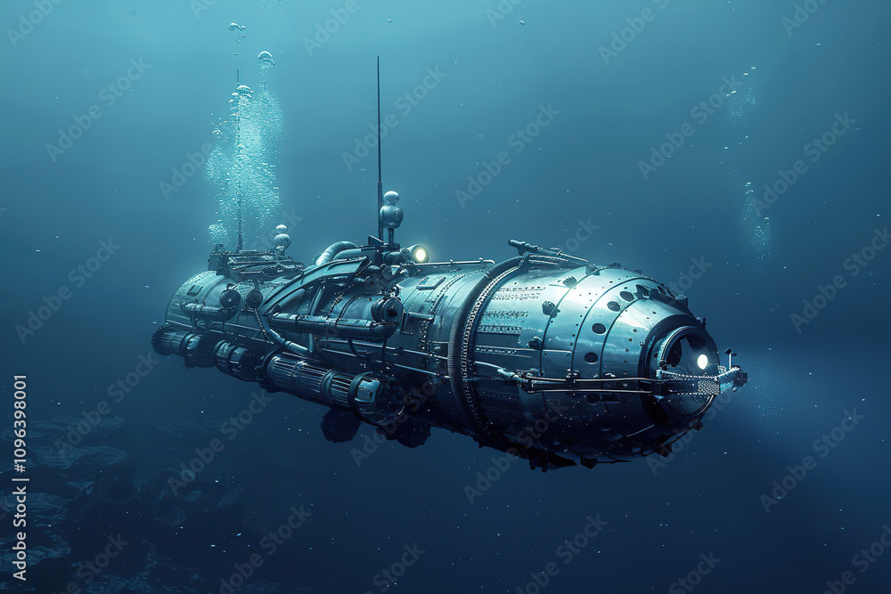 Beautiful large bathyscaphe floating in middle of ocean during exploration Beautiful large bathyscaphe floating in middle of ocean during exploration