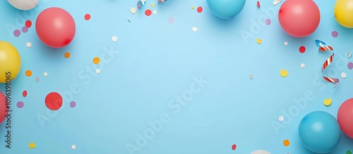 Vibrant flat lay of colorful balloons streamers and confetti on blue background ideal for birthday or carnival party invitations and greetings photo