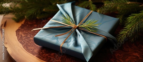 Eco-friendly Christmas gift wrapped in furoshiki style featuring natural decor emphasizing sustainable holiday traditions and zero waste concepts photo