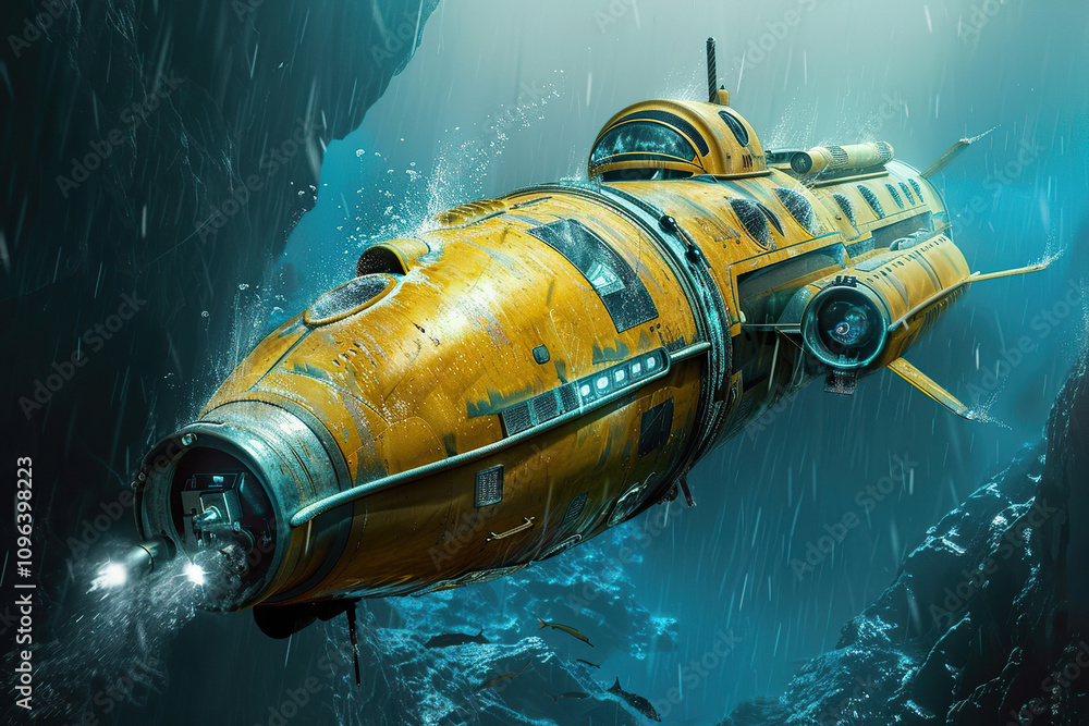 Beautiful large bathyscaphe floating in middle of ocean during exploration Beautiful large bathyscaphe floating in middle of ocean during exploration