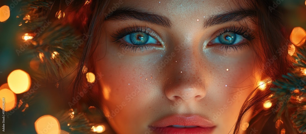 Sparkling Close-up of a Young Woman Surrounded by Christmas Lights and Ornaments in a Festive Holiday Atmosphere Sparkling Close-up of a Young Woman Surrounded by Christmas Lights and Ornaments in a Festive Holiday Atmosphere