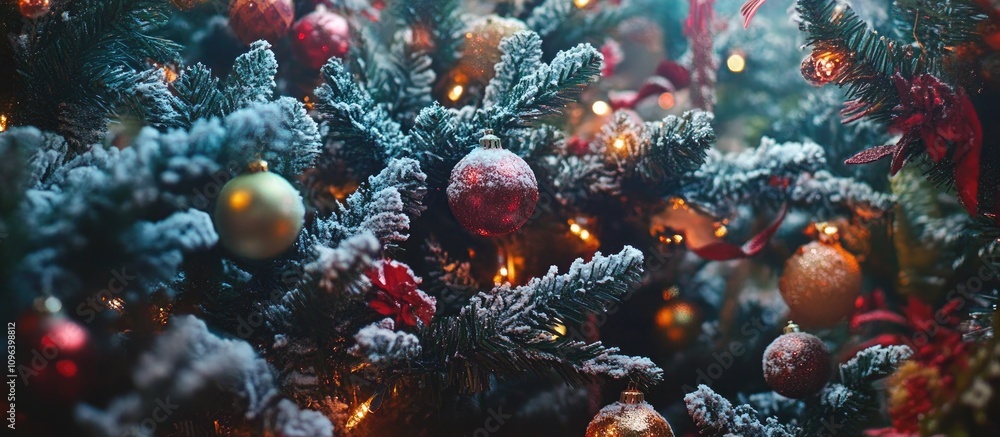 Fototapeta premium Festive Christmas tree adorned with shimmering ornaments and warm lights creating a cozy holiday atmosphere