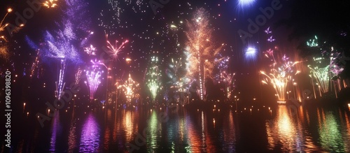 Vibrant Fireworks Display Reflected on Water during Night Celebration photo