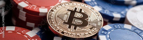 A close-up image of a Bitcoin surrounded by colorful poker chips, symbolizing the intersection of cryptocurrency and gambling. photo