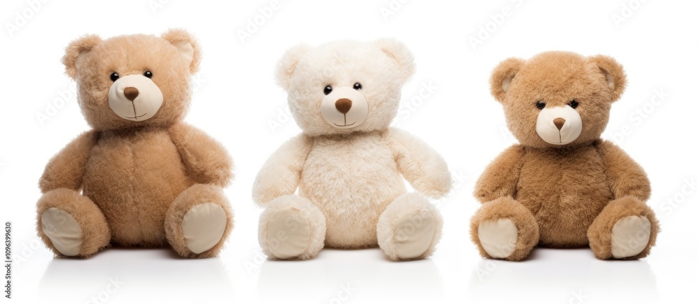 Charming teddy bears in various colors sitting against a clean white background showcasing softness and cuteness ideal for children's themes. Charming teddy bears in various colors sitting against a clean white background showcasing softness and cuteness ideal for children's themes.