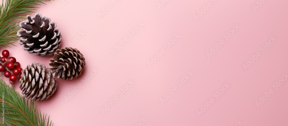 Elegant Christmas card mockup with pine cones and greenery on a soft pink background showcasing atmospheric shadows and festive elements. Elegant Christmas card mockup with pine cones and greenery on a soft pink background showcasing atmospheric shadows and festive elements.