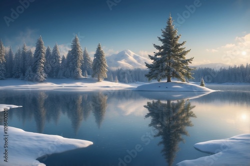 Lone Christmas tree on an island by a serene winter lake 