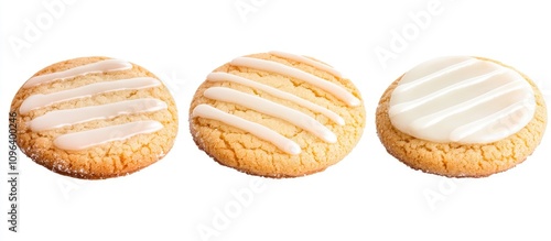 Assorted glazed cookies on a clean white background showcasing tempting sweet designs and textures ideal for dessert promotions and recipes.