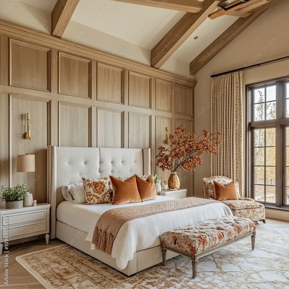 Fototapeta premium Stylish bedroom design modern home interior decor cozy atmosphere warm lighting elegance and comfort