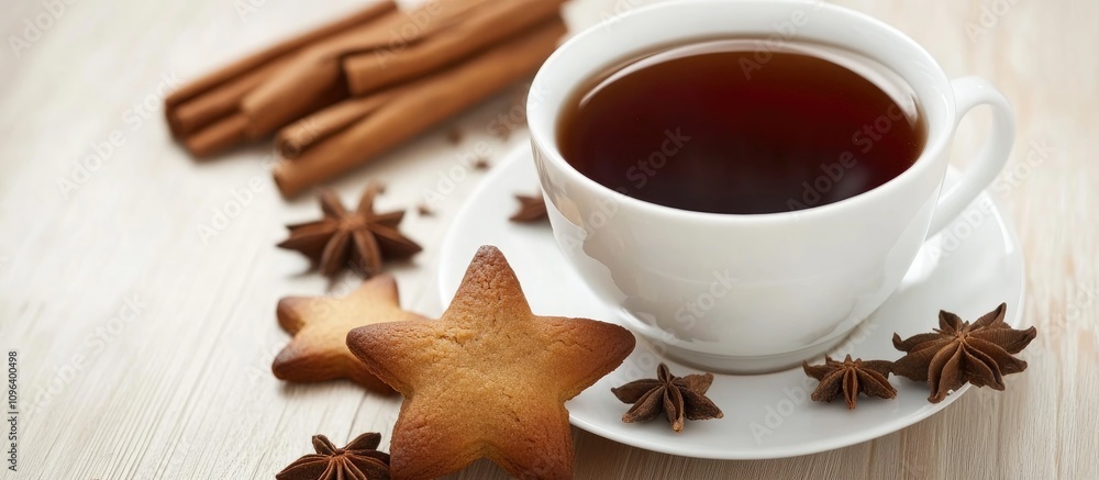 Warm spiced tea with gingerbread star cookies and aromatic spices for a cozy holiday celebration atmosphere Warm spiced tea with gingerbread star cookies and aromatic spices for a cozy holiday celebration atmosphere
