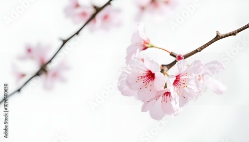 Delicate cherry blossom branches in bloom against a soft white background
