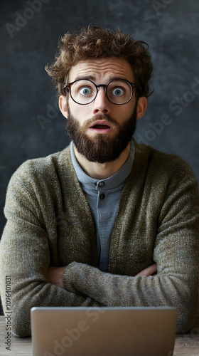 Surprised man with beard and glasses sits with arms crossed in front of laptop, looking shocked.